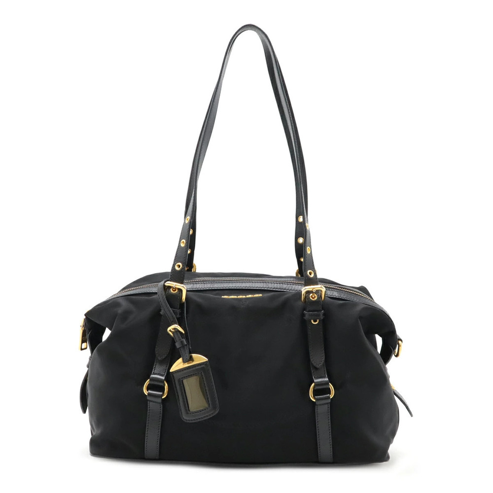 Prada jacquard shoulder bag tote Boston leather NERO black